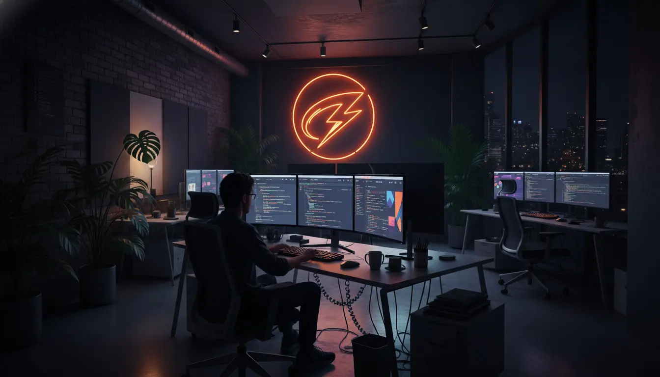 Espacio de trabajo de agencia digital con diseño web en manizales — múltiples pantallas con interfaces profesionales